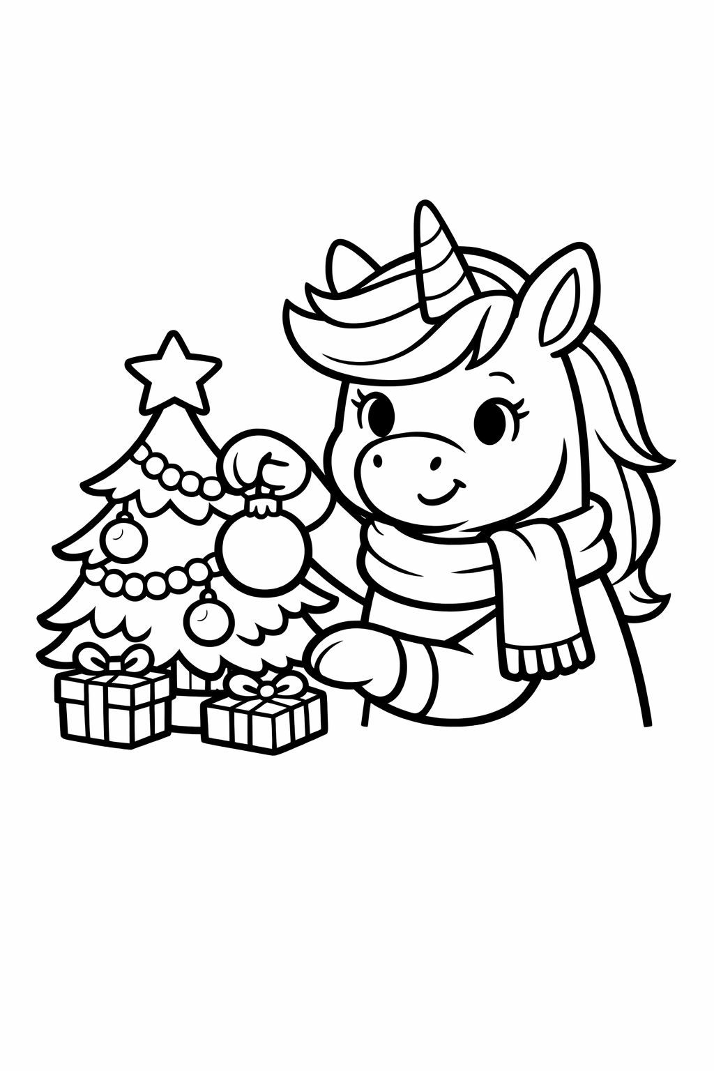 Unicorn decorating a small Christmas tree