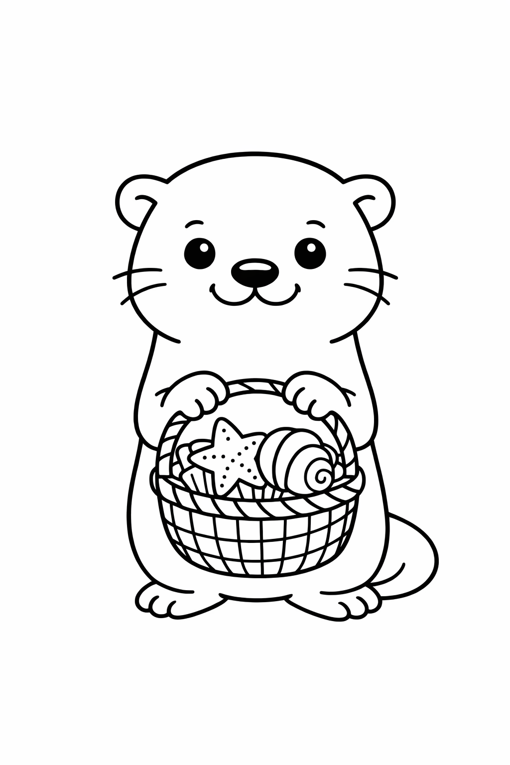 A cute otter holding a seashell basket
