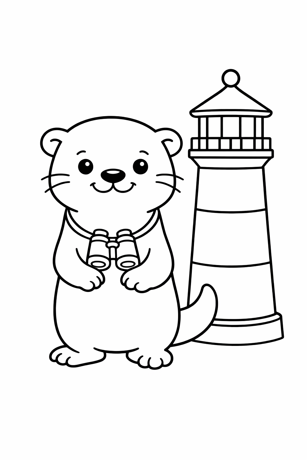 A cute otter standing beside a lighthouse