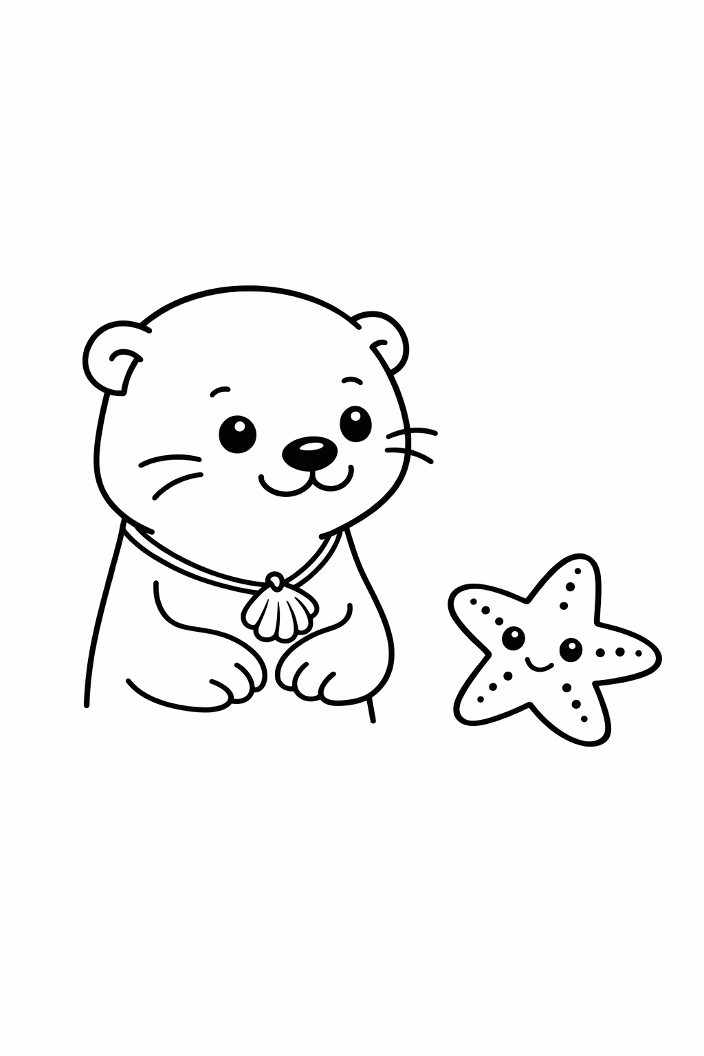 A cute otter looking at a starfish