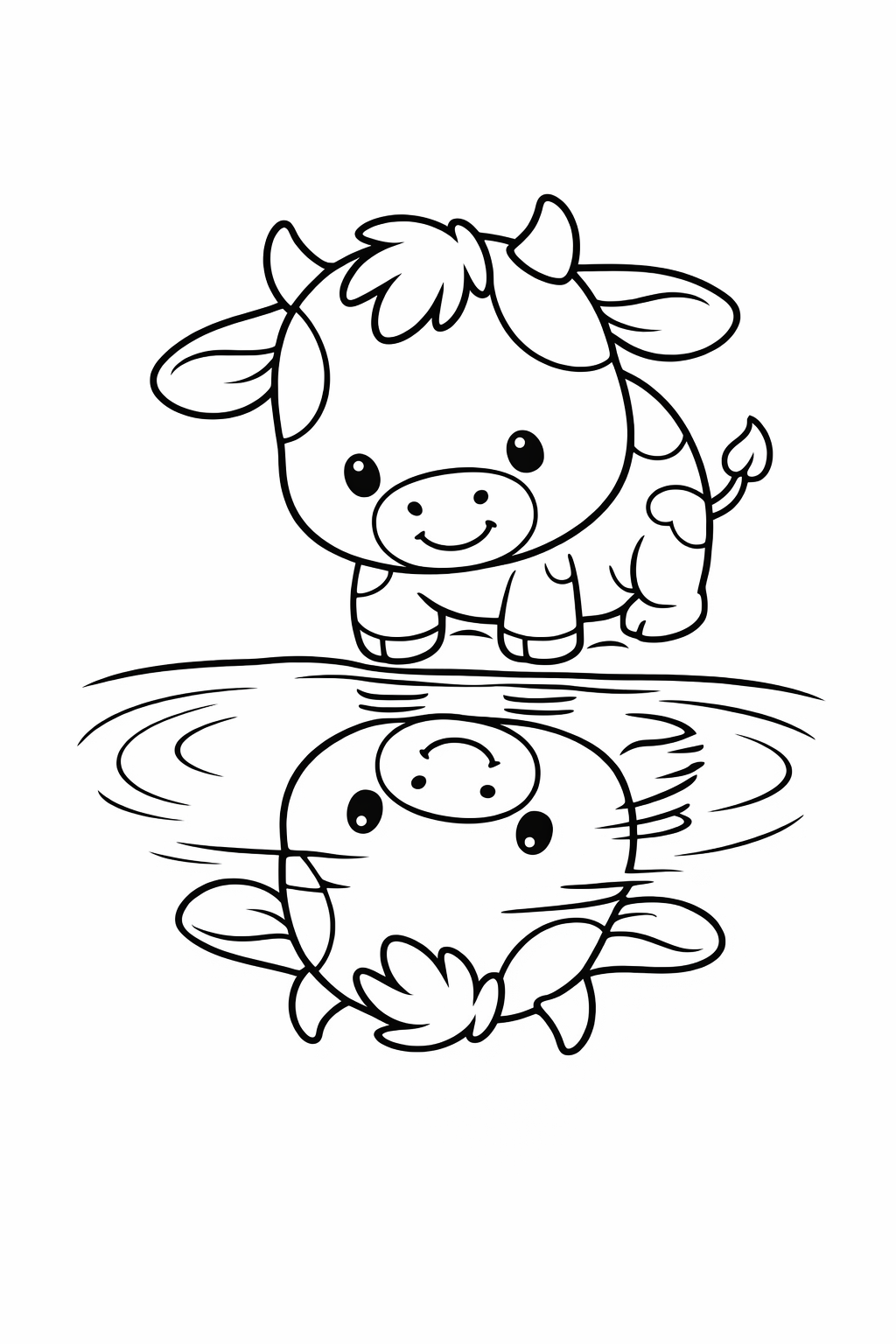 A calf looking at its reflection in water