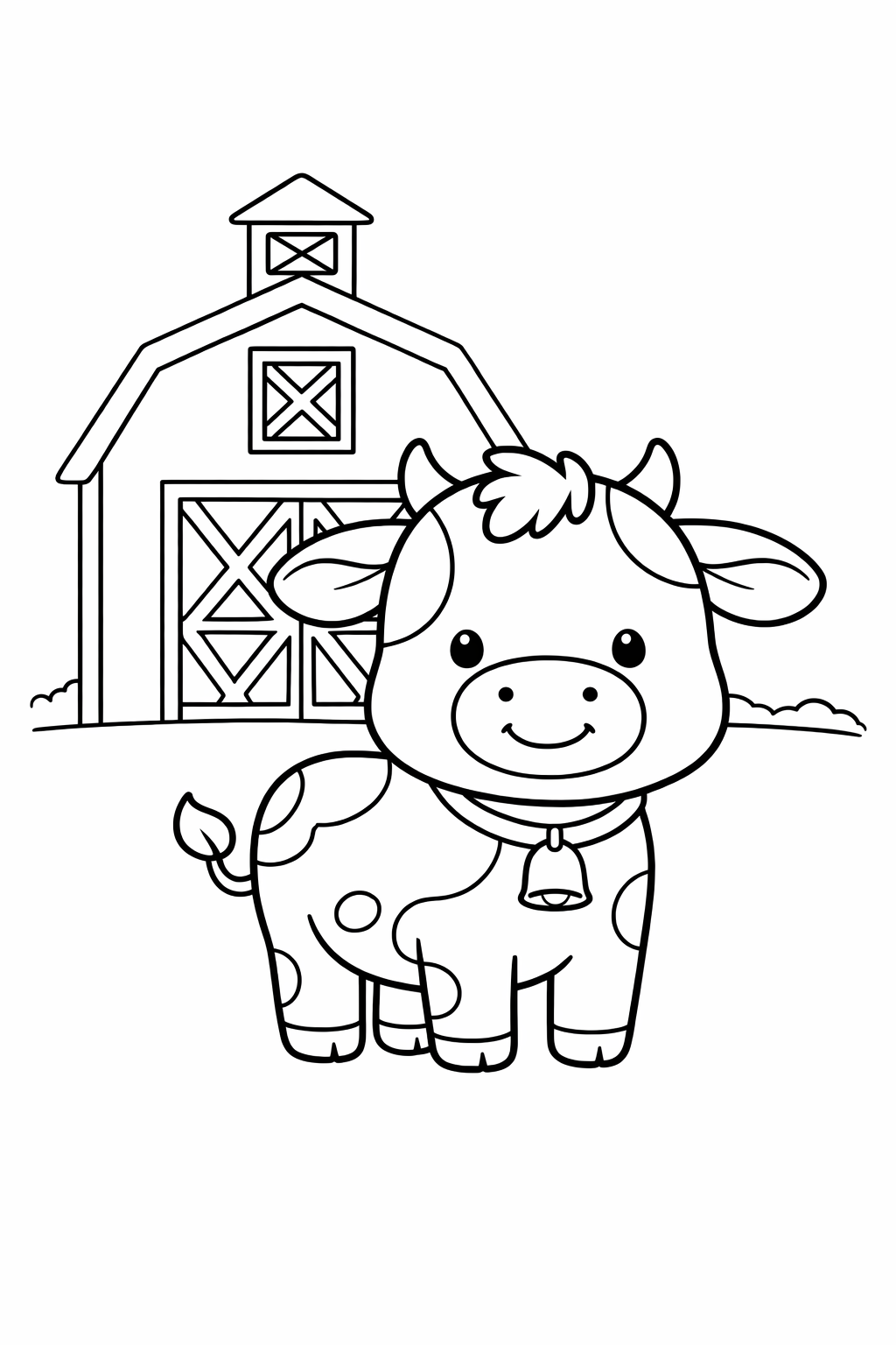 A cow standing in front of a barn