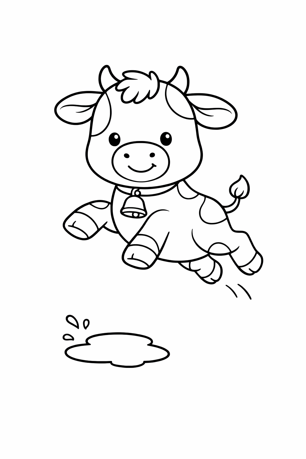 A calf jumping over a tiny puddle