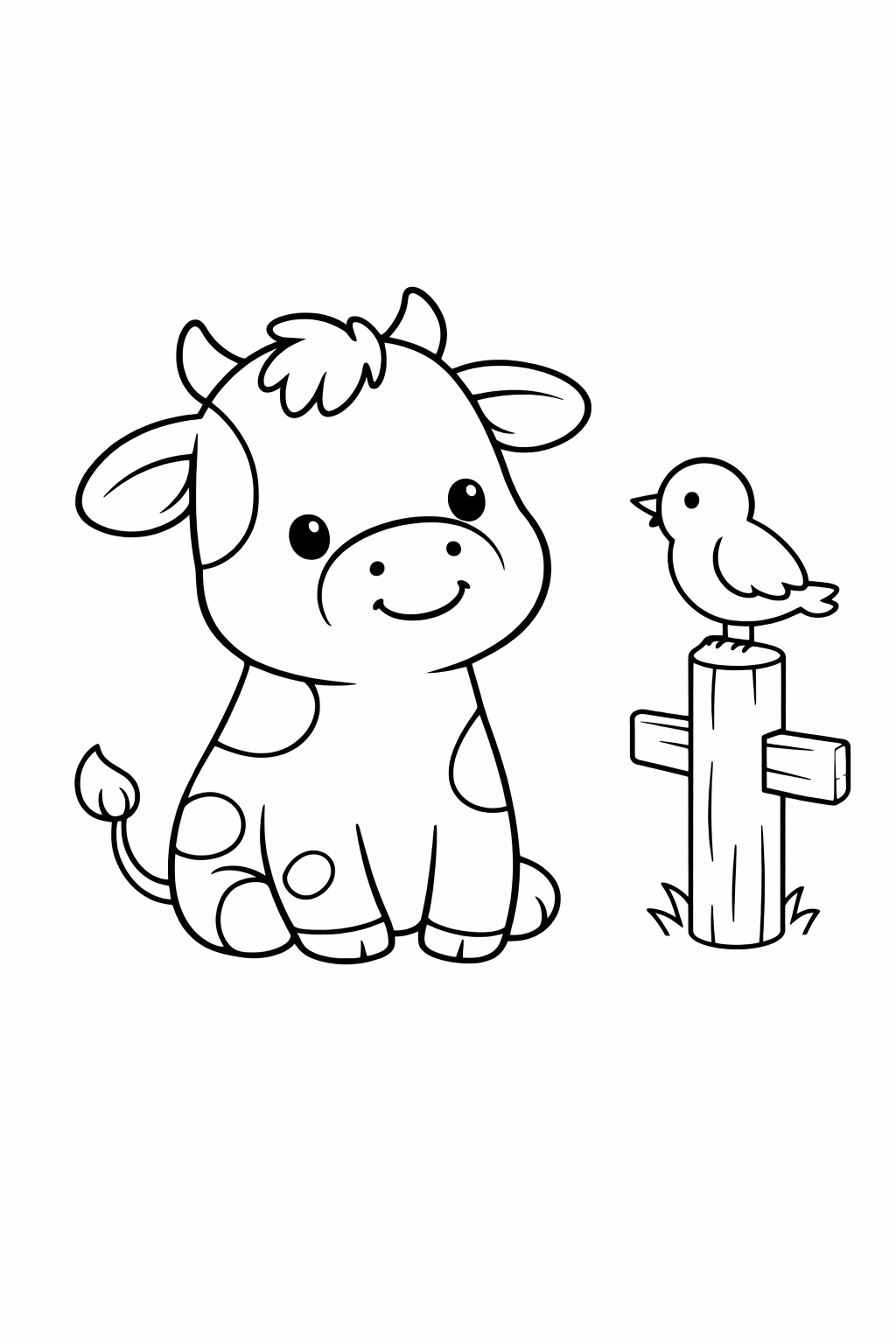 A cow looking at a bird on a post