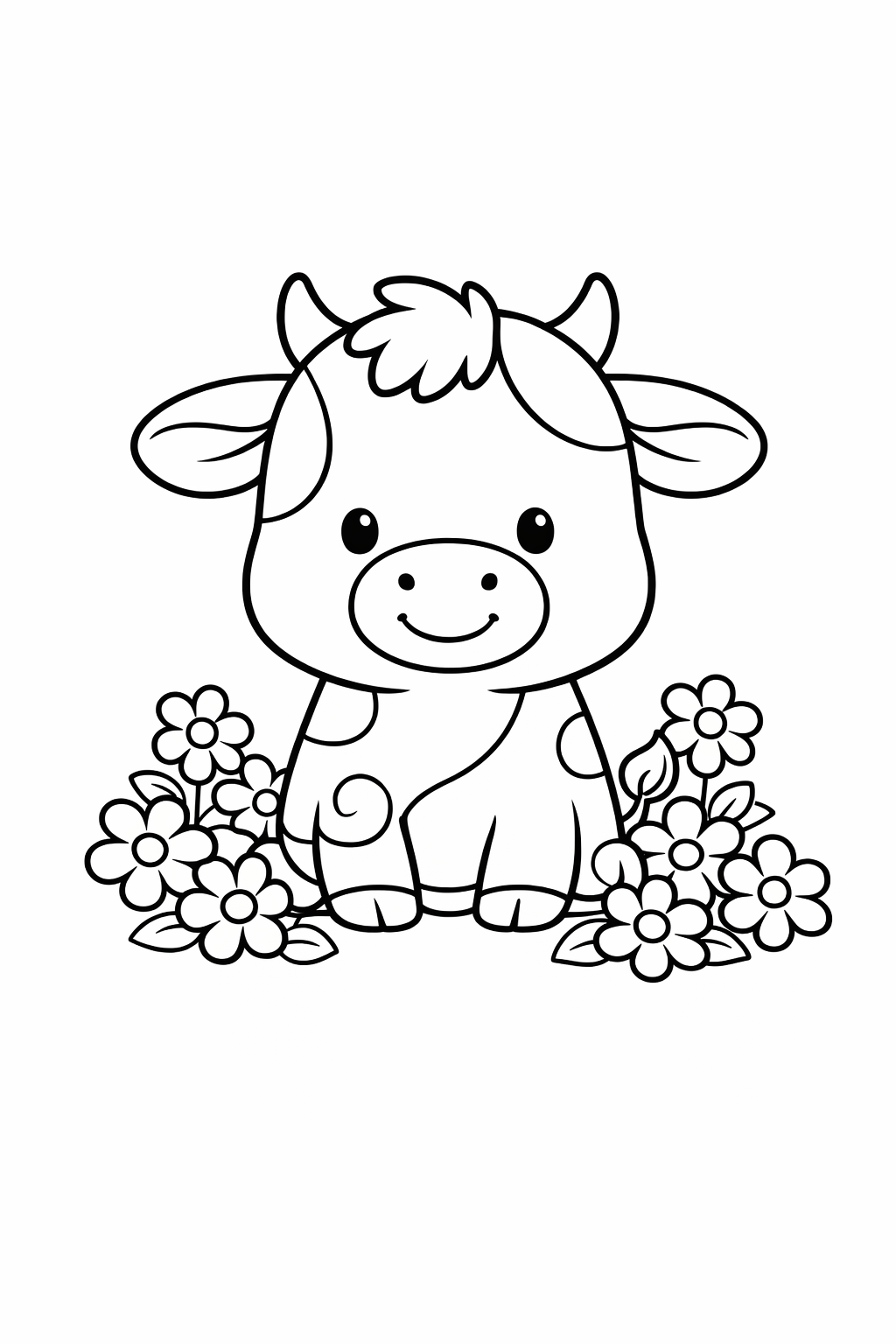 A calf sitting in a flower patch