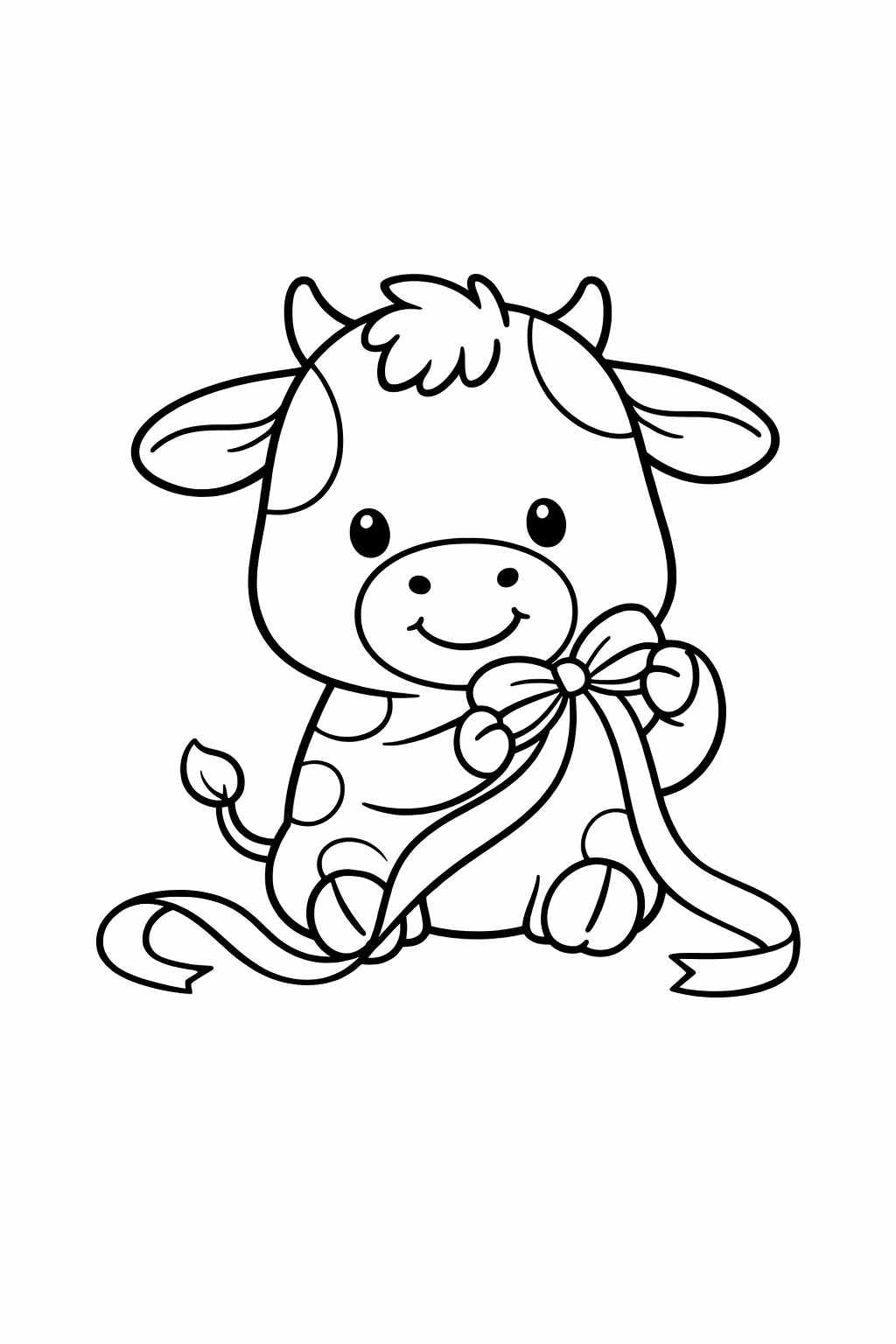 A calf playing with a ribbon