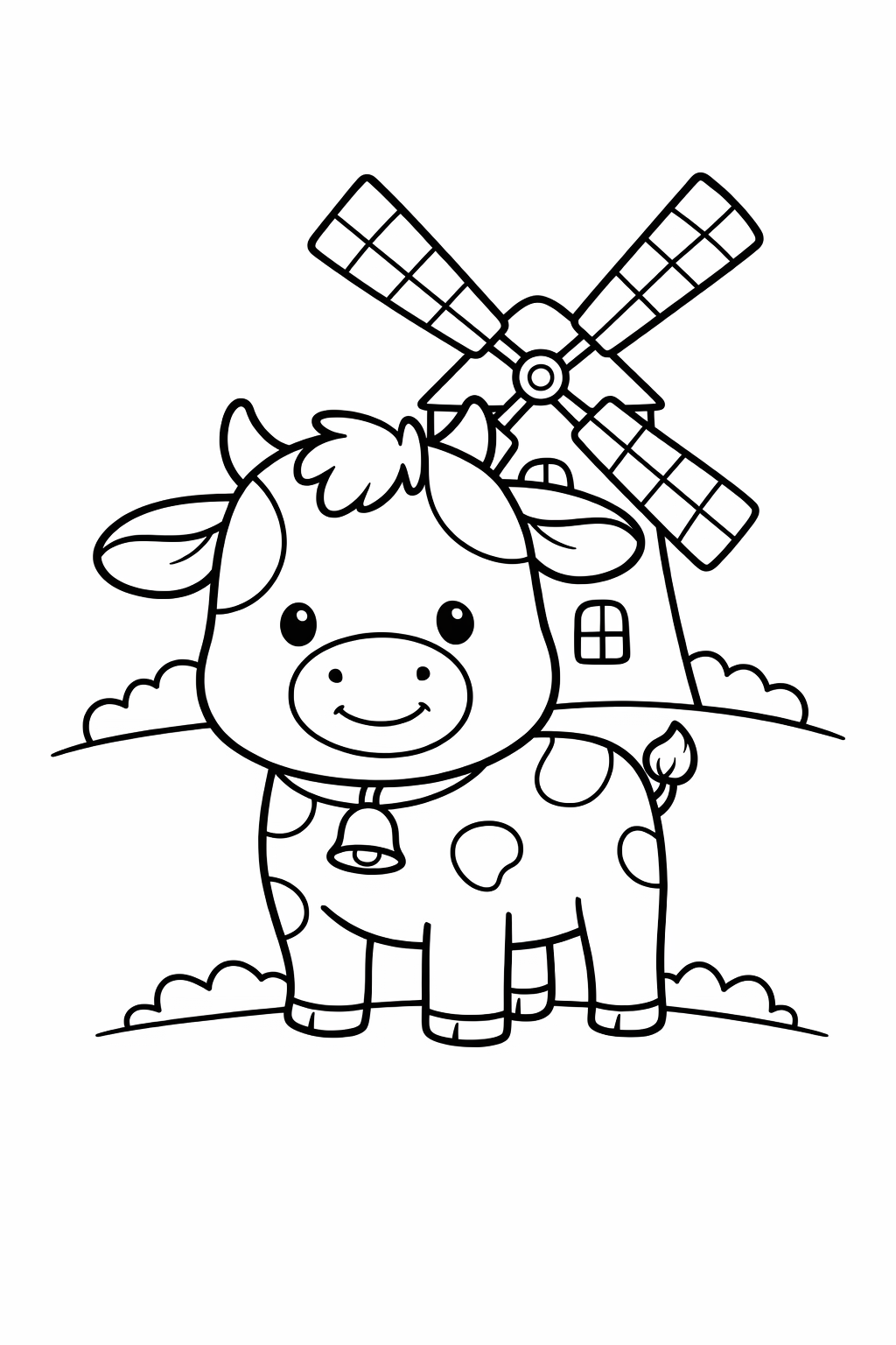 A calf standing in front of a windmill