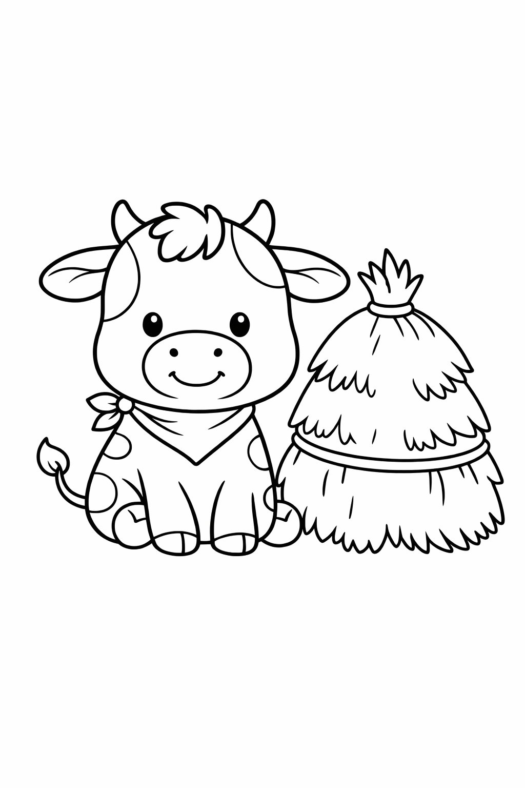 A calf sitting beside a haystack