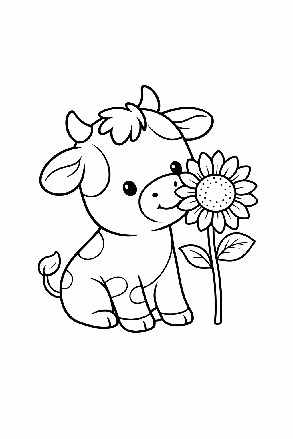 A calf sniffing a sunflower