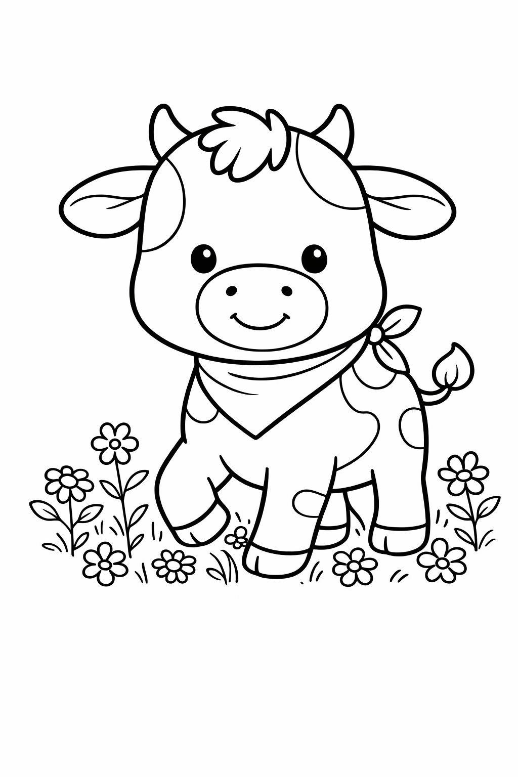 A calf stepping through wildflowers