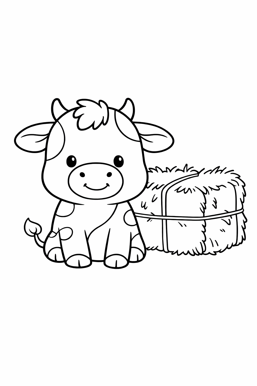 A cow next to a hay bale