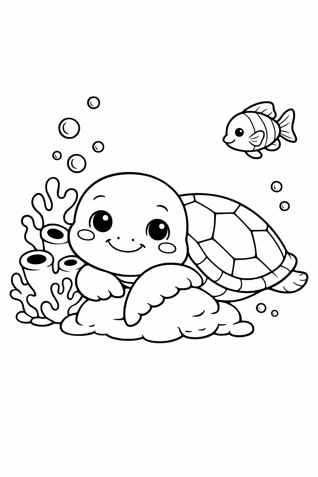 Sea Turtle Resting Beside Coral and Fish