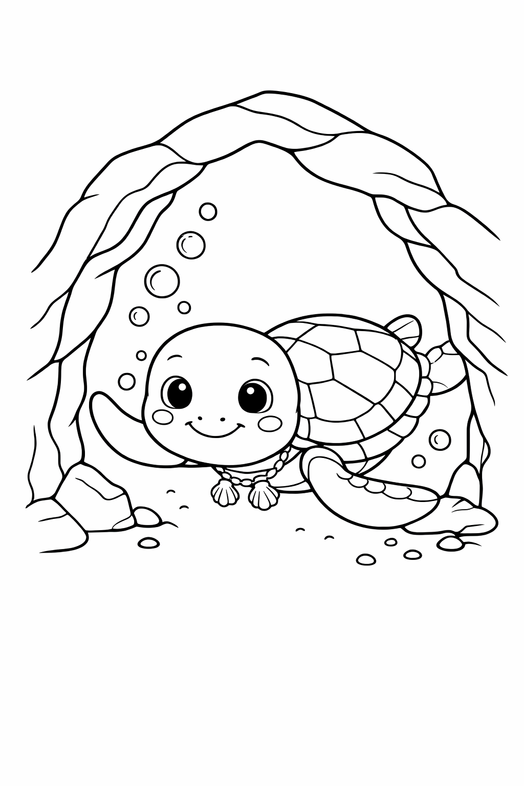 Sea Turtle Passing an Underwater Rock Cave