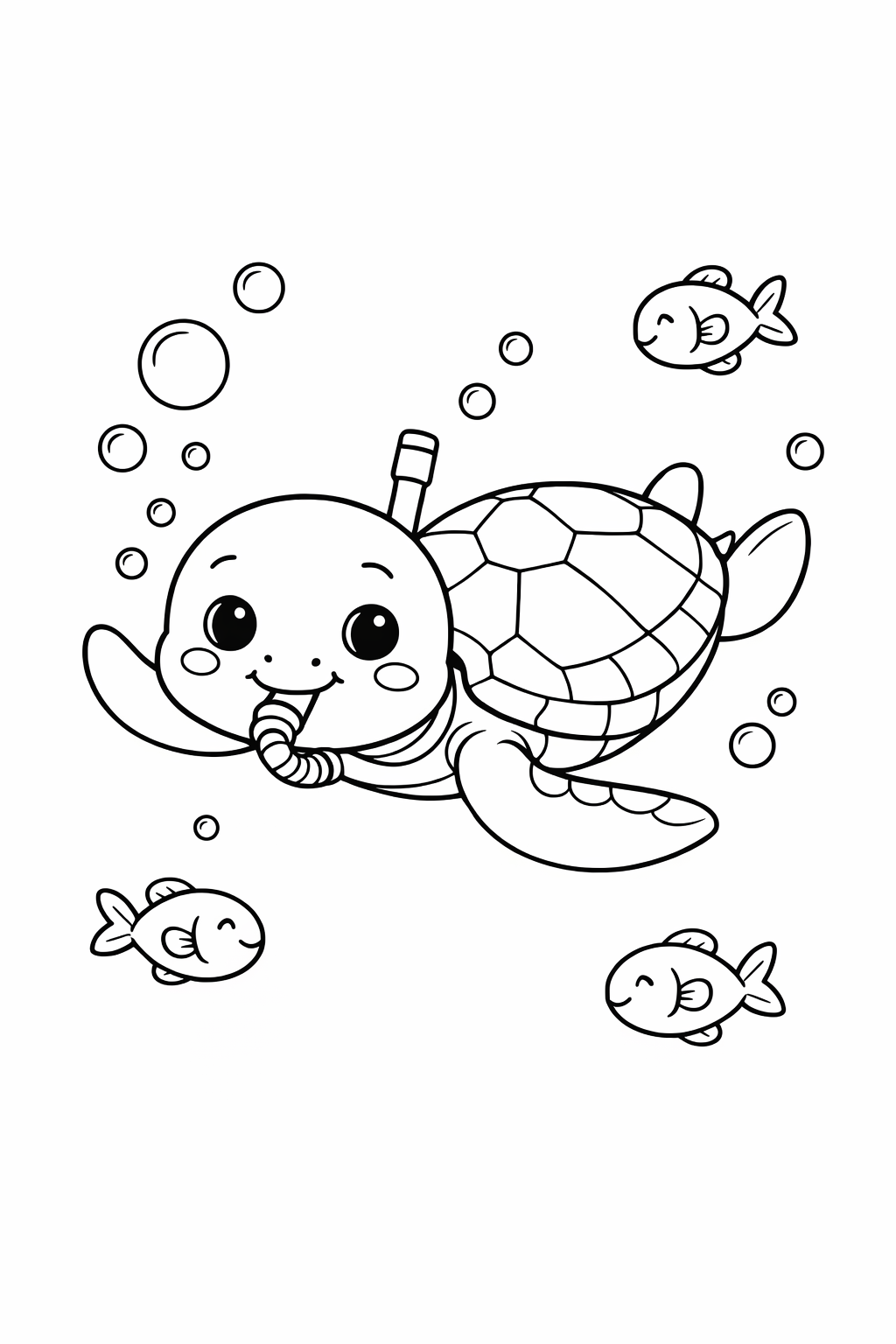 Sea Turtle Swimming with a School of Fish