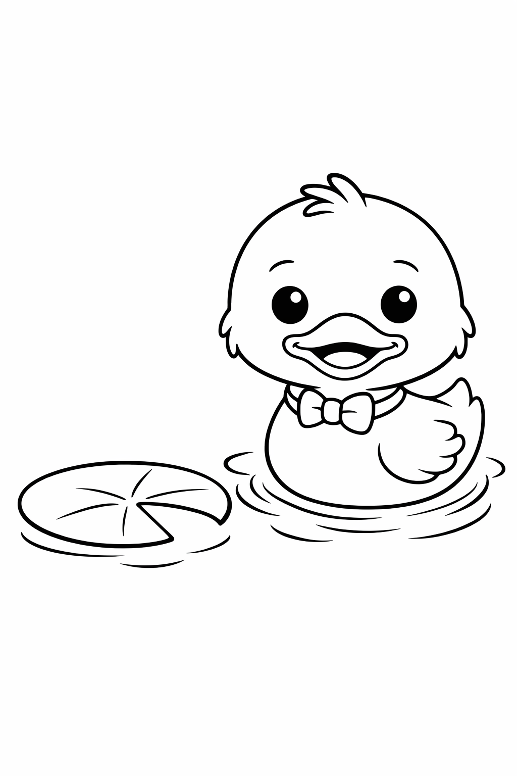 A cute duckling floating beside a lily pad