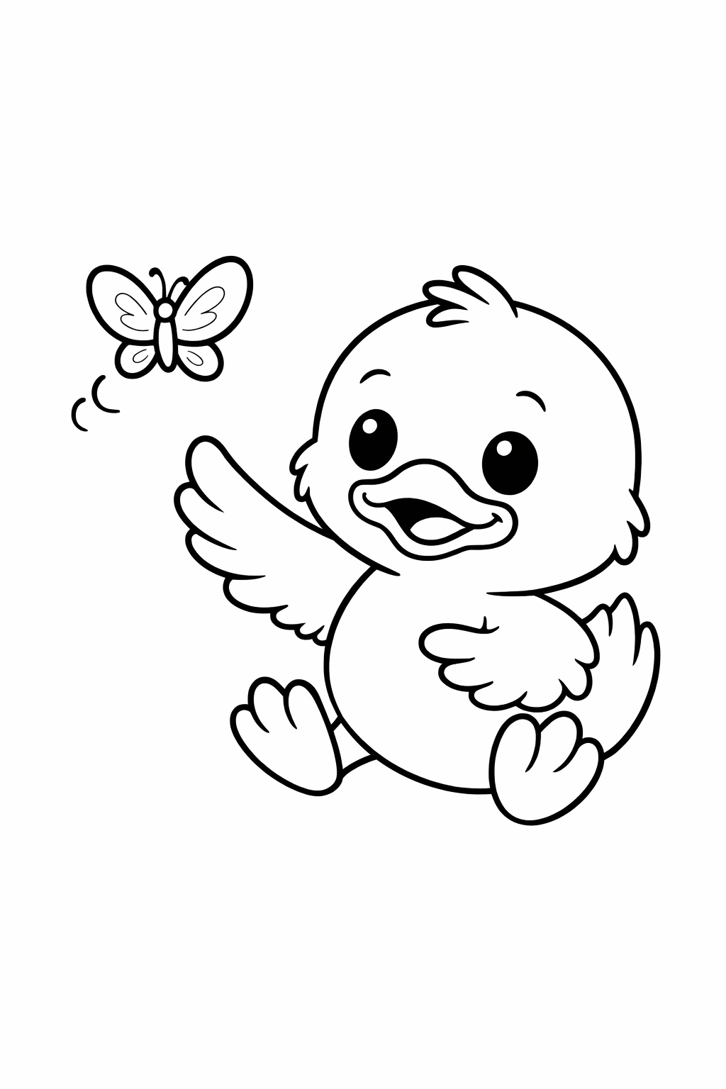 A cute duckling chasing a butterfly