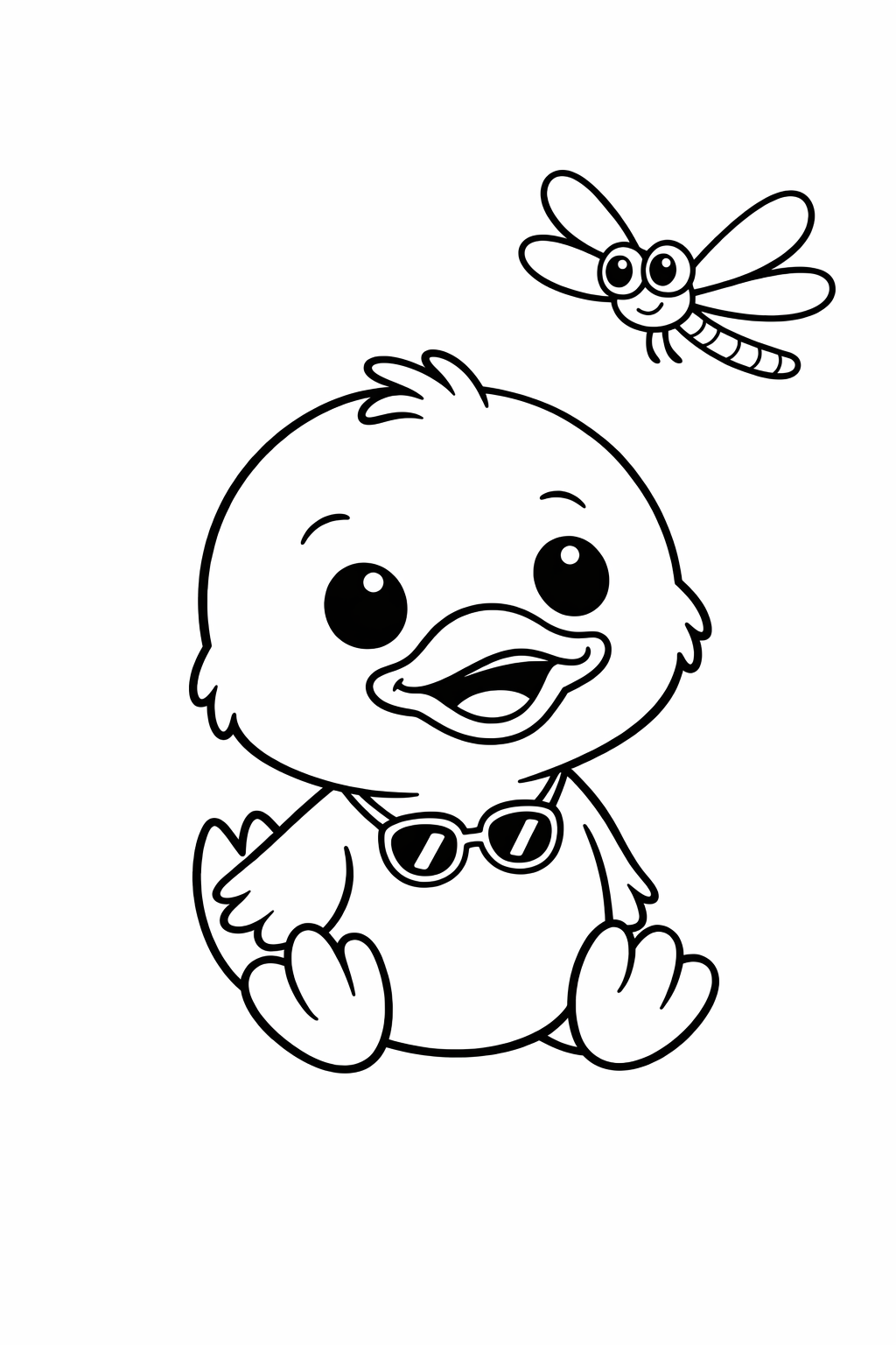 A cute duckling watching a dragonfly