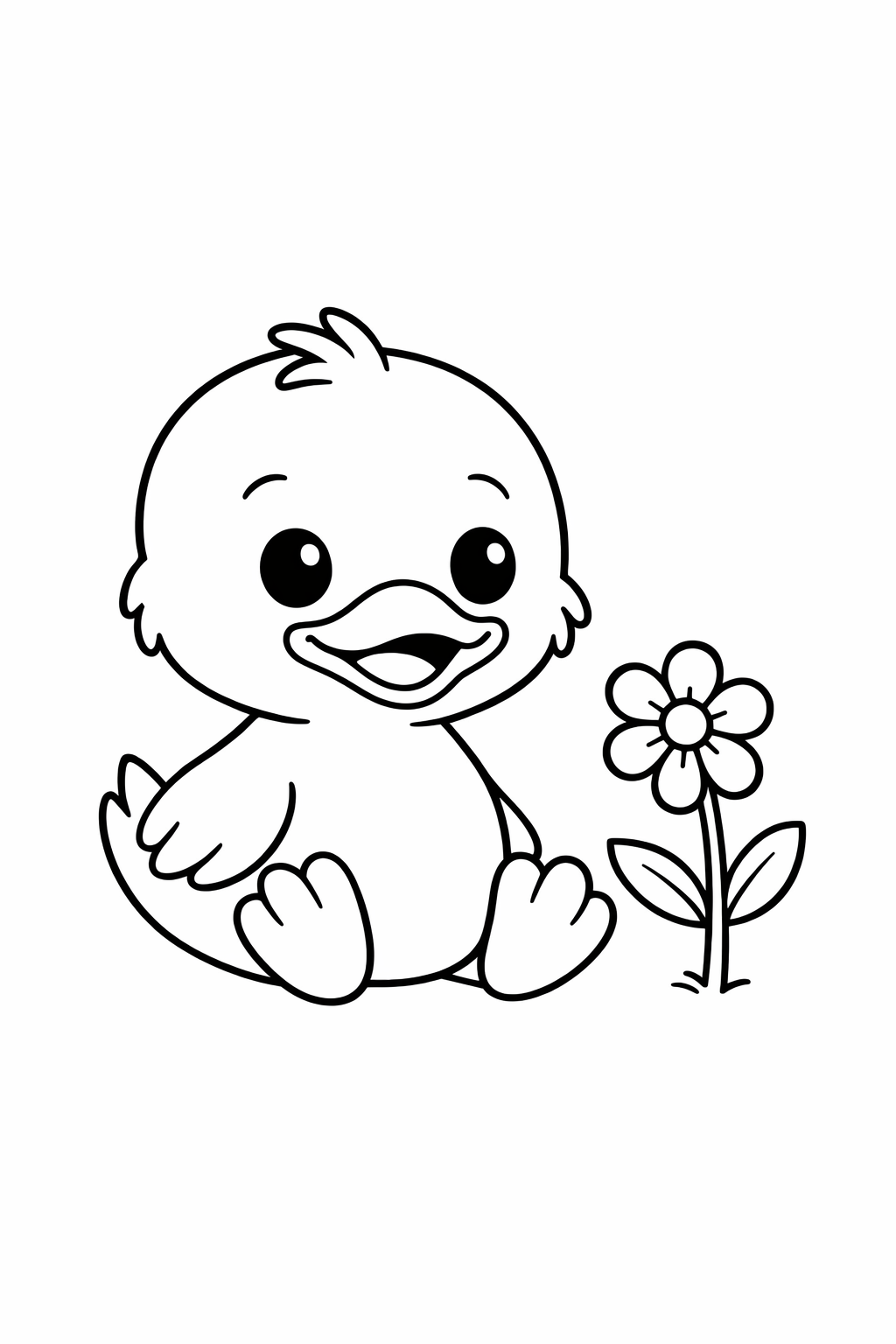 A cute duckling beside a small flower