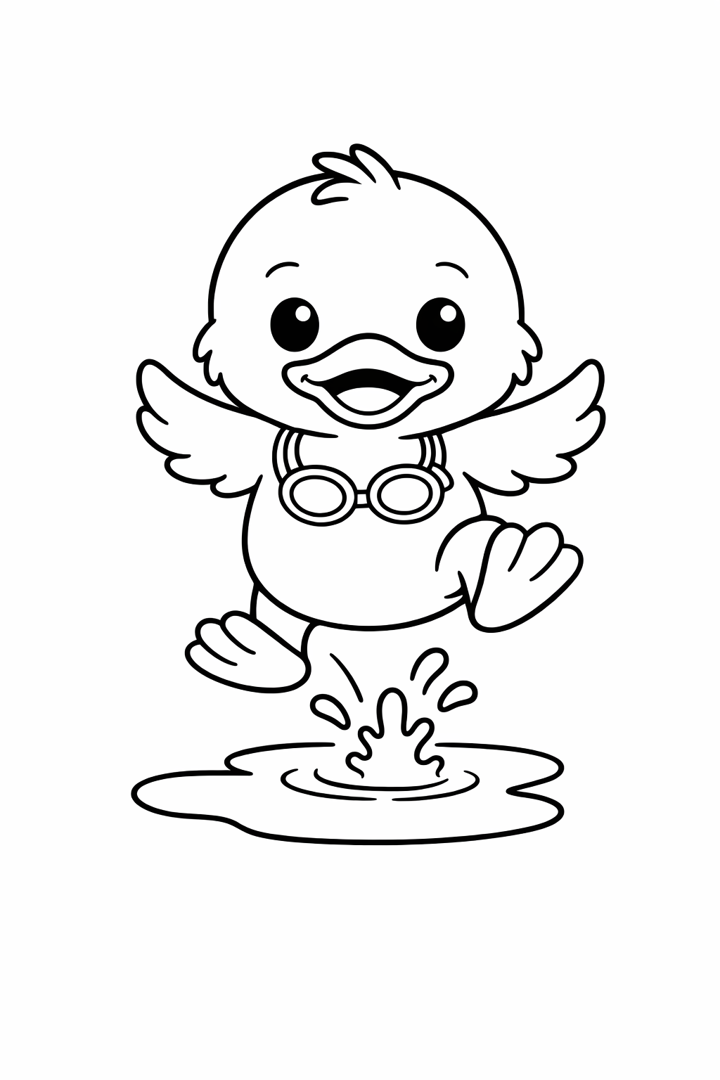 A cute duckling hopping over a puddle