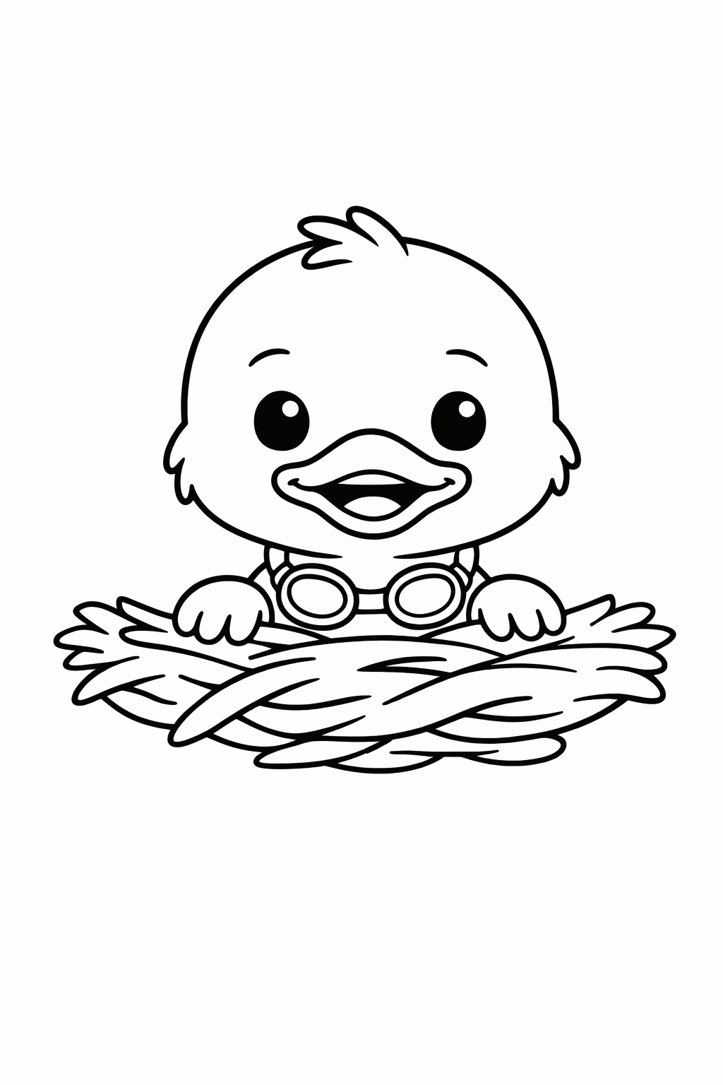 A cute duckling peeking over the nest edge