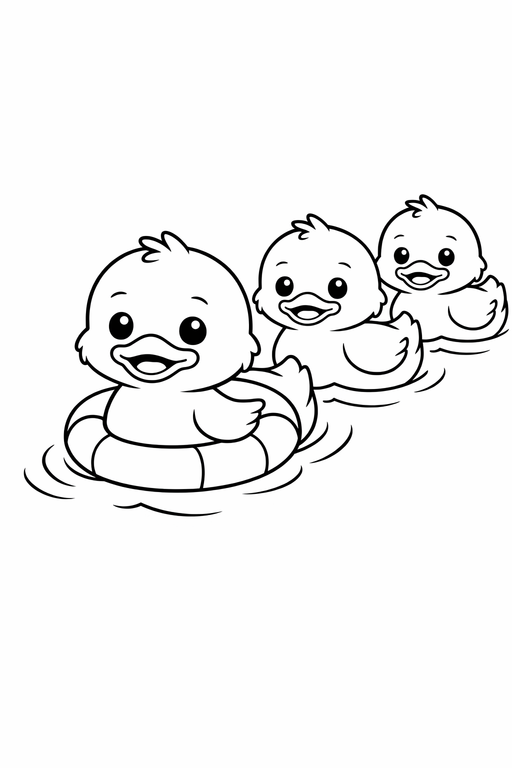 A cute duckling swimming in a line with siblings